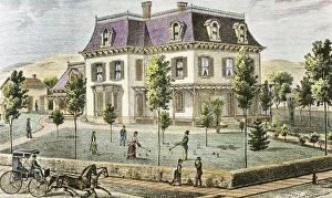 Bourgeoisie Collection: Residential home with the family playing cricket