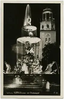 Clocktower Prints: Residenzbrunnen (fountain) in Salzburg - Nightime