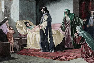 Resurrection Prints: Resurrection of Jairus daughter. Engraving by Rusing. Color