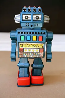 Digital Collection: Retro Toy Walking Plastic Robot - Blue-Grey Metallic Body