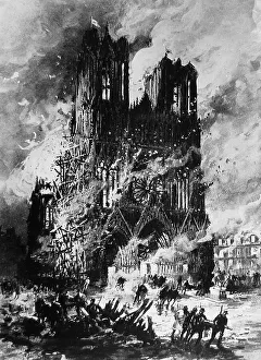Rheims Prints: Rheims Cathedral on fire during WW1
