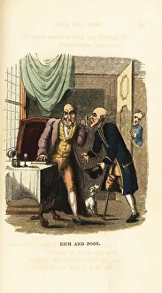 Rudolph Ackermann Prints: A rich miser listens with an ear trumpet to a poor soldier