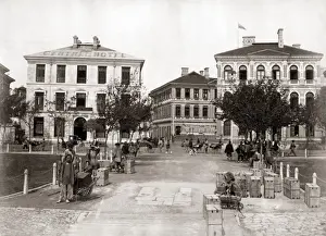 Rickshaws Prints: Rickshaws and porters, Central Hotel, Shanghai, China circa