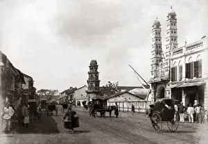 Rickshaws Prints: Rickshaws and porters on North Bridge Road, Singapore