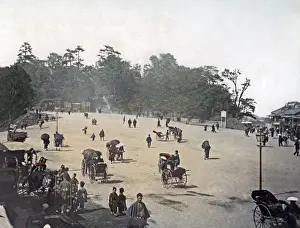 Rickshaws Prints: Rickshaws in a public square, Japan, circa 1890