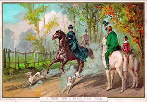 Sidesaddle Collection: Riders, horses and dogs on a New Year card