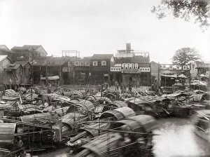 River boats at a wharf, Canton (Guanzhou) China, c. 1880 s