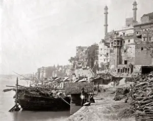 Ganges Prints: River Ganges and ghats, Varanasi, Benares, India circa 1880s. Date: circa 1880s