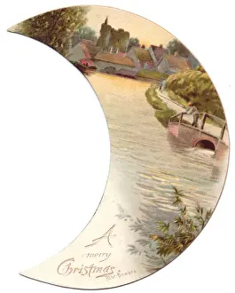 River scene on a crescent-shaped Christmas card