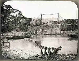 Wharves Prints: River scene, wharves with boat, near Shanghai, China