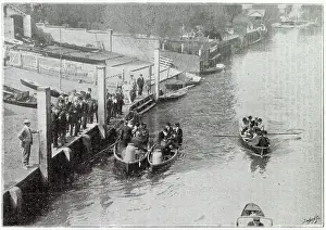 Weir Prints: The River Thames in conservancy boats with tins containing the young salmon on their way to the the Weir
