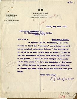 Archibald Collection: RMS Lusitania - Archibald correspondence