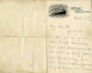 Goodbye Prints: RMS Lusitania - handwritten letter on printed stationery