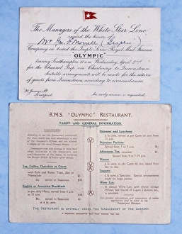 RMS Olympic invitation, restaurant card RMS Olympic invitation, restaurant card