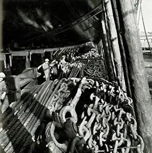 Slipway Prints: RMS Queen Mary, coils of chains piled under hull