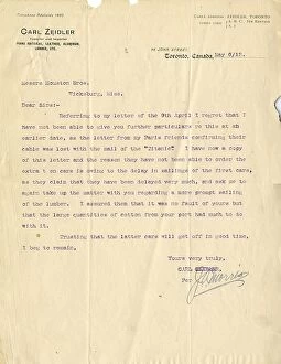 Houston Collection: RMS Titanic - letter from Carl Zeidler of Toronto, Canada