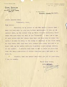 Carl Collection: RMS Titanic - letter from Carl Zeidler of Toronto, Canada