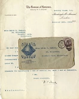 Headed Collection: RMS Titanic - letter and envelope from W T Stead