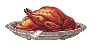Images Dated 3rd December 2015: Roast turkey on a plate on a cutout Christmas card