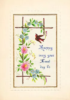 Spray Gallery: Robin and flowers on a fabric Feast Day card