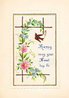 Daisies Prints: Robin and flowers on a fabric Feast Day card