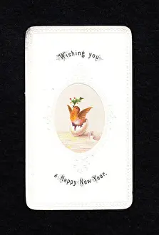 Hatching Prints: Robin hatching from egg on a New Year card