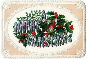 Robin with holly and mistletoe on a Christmas card