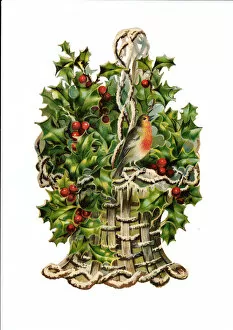 Images Dated 2nd December 2015: Robin with holly on a Victorian Christmas scrap