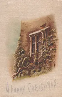 Leaded Prints: Robin perched on a window on a fabric Christmas card