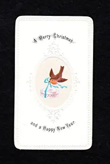 Robin with present on a Christmas and New Year card