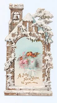 Belltower Collection: Robins with flowers and church on a New Year card