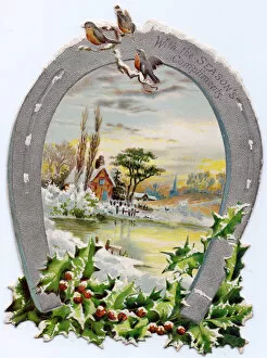 Images Dated 1st December 2015: Robins and horseshoe on a Christmas card