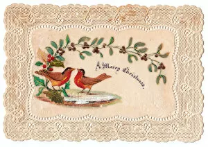 Robins and mistletoe on a paper lace Christmas card