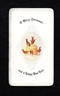 Five robins with pie on a Christmas and New Year card