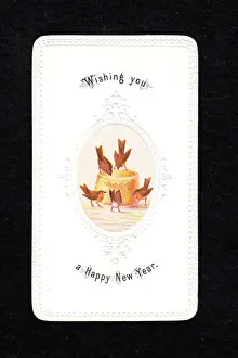 Five robins with pie on a New Year card