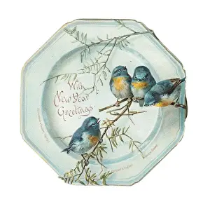 Four robins on a plate-shaped New Year card