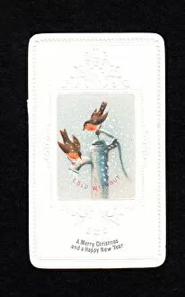 Thirsty Collection: Two robins on pump on a Christmas and New Year card