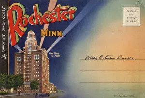 Searchlights Prints: Rochester, Minnesota, USA, with The Clinic by night Date: 1934