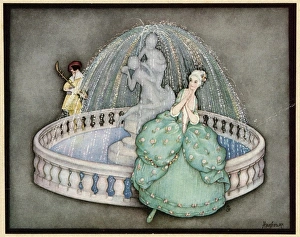 Rococo Collection: Rococo lady stands by a fountain