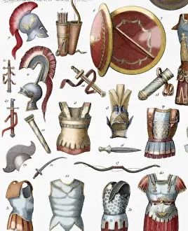 Protection Prints: Roman army. Armors and weaponry. Colored engraving