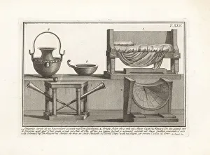 Bas Relief Prints: Roman couch, sun dial, table, jar, and bathing cup