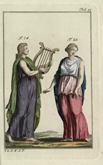 Roman Emperor Nero playing a harp and woman