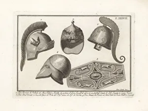 Bas Relief Prints: Roman and Etruscan helmets and shield