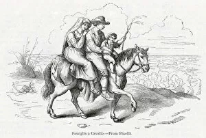 Images Dated 12th December 2019: Roman family of three travelling on horseback, Italy