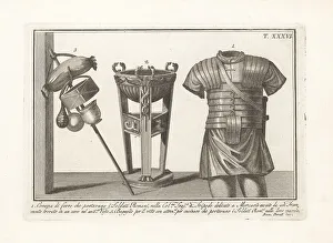 Ancient Egyptians Prints: Roman iron breastplate, tripod and soldier's pack