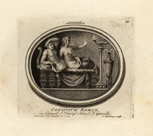 Antiquarian Prints: Roman man and woman lounging on a couch in a triclinium