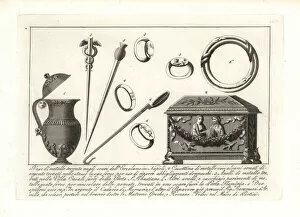 Roman metal vase, case, rings and pins