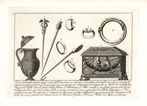 Etruscans Gallery: Roman metal vase, case, rings and pins