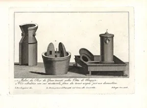 Etruscans Prints: Roman mills for olives and grain, with a cylindrical vase