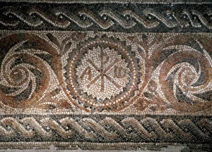 Mosaic Gallery: Roman mosaic depicting the Chi-Rho symbol with alpha and ome
